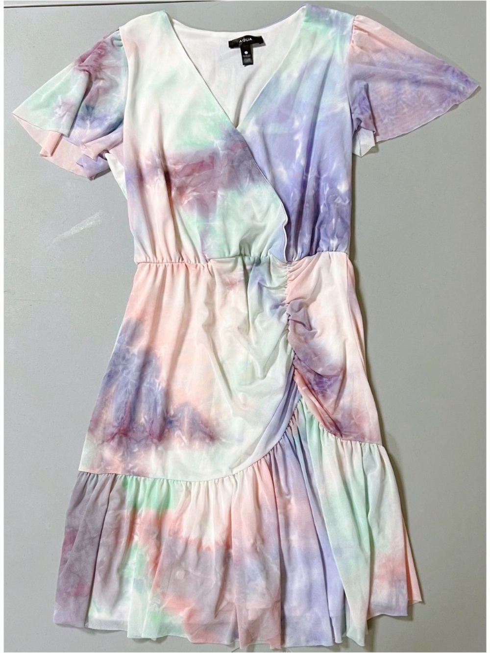 Aqua Pink Purple Pastel Tie Dye Ruched Short Sleeve Mini Dress Size S 🩵💜✨ #dress